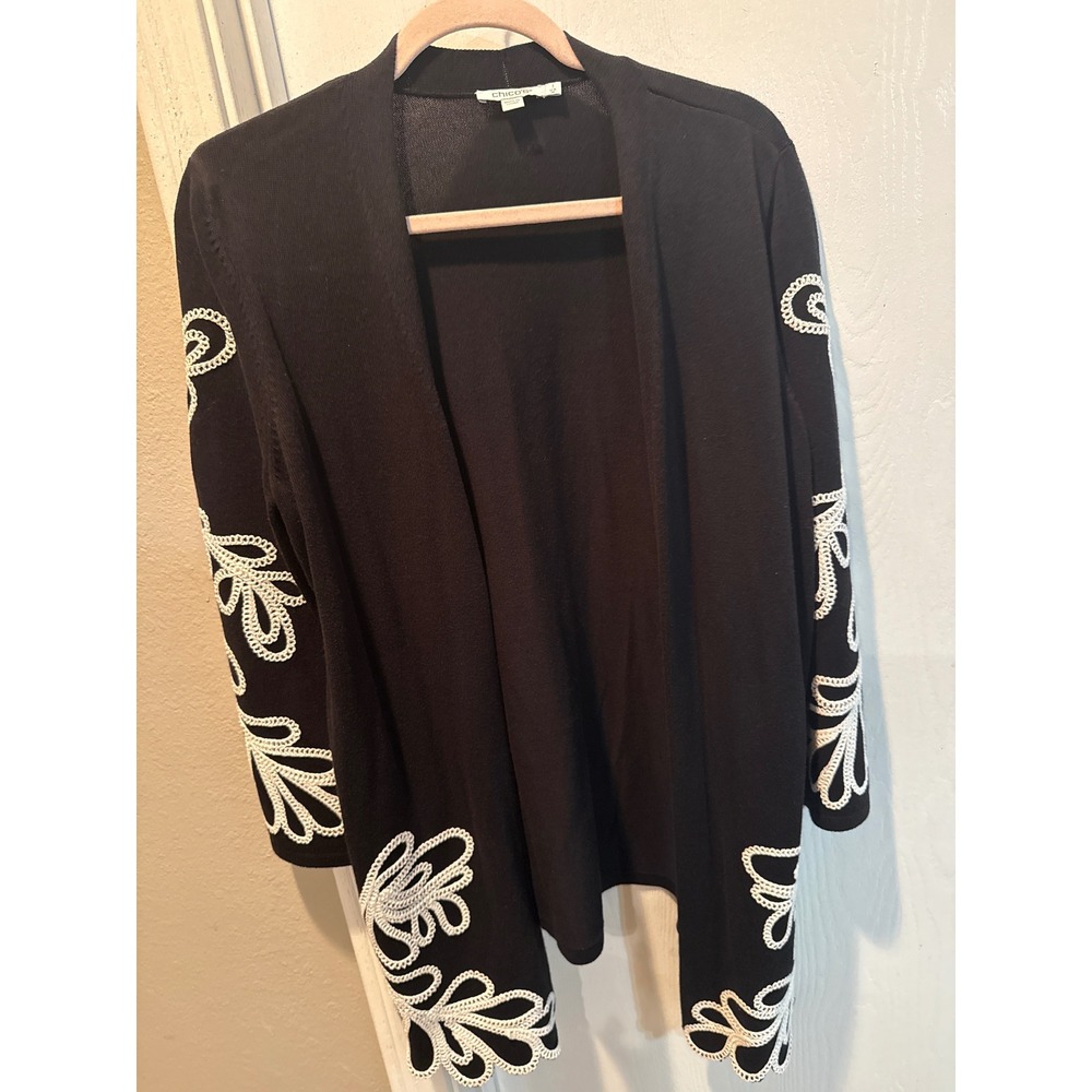 Chico's Black Soutache Embroidered Open Front Cardigan Sweater Size 1 M